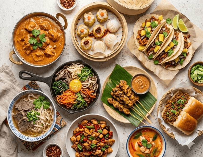 A spread of vibrant fusion dishes from around the world